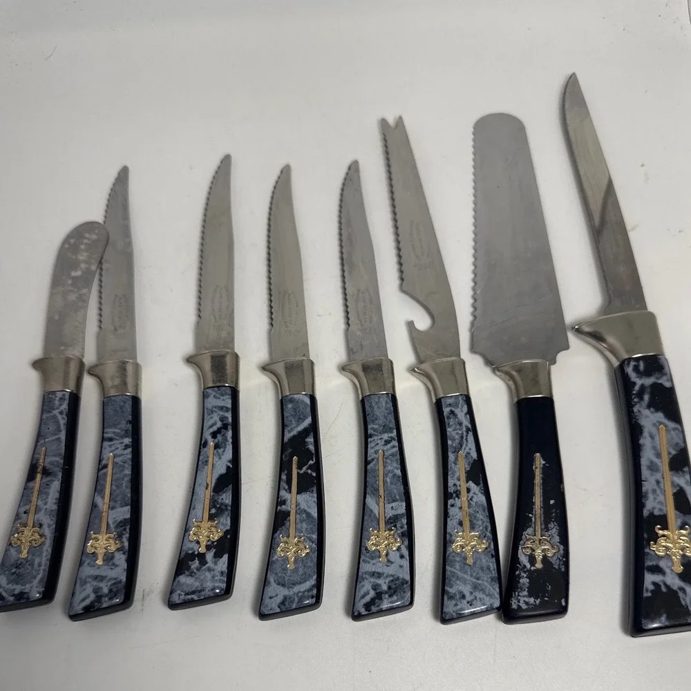 Lifetime Cutlery Knife Set Vintage 8pc Black Marble Gold Fleur De Lis Sheffield